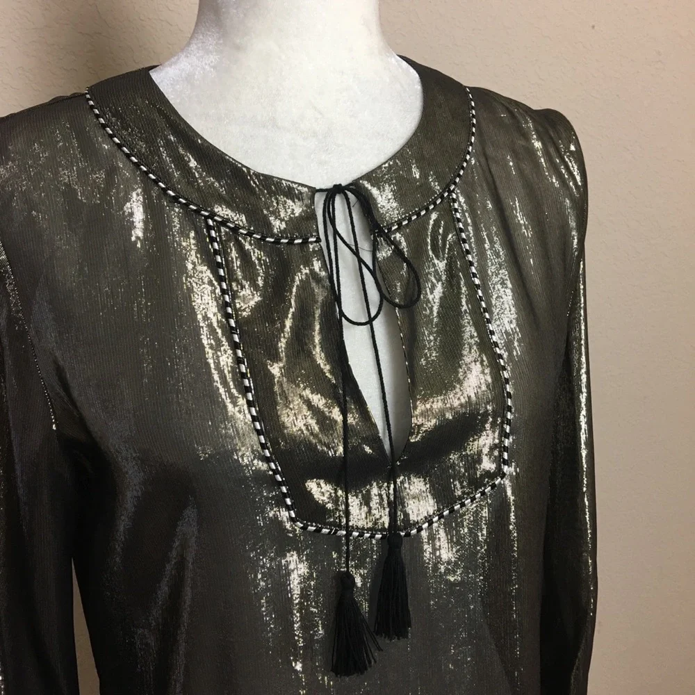 J. Crew Silk Gold Metallic Shimmer Front Tie Tunic Size 0 Runs Big NEW